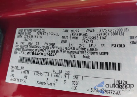 2019 Ford F-150 Lariat z USA, uszkodzony, nr VIN 1FTEW1E44KKE14945